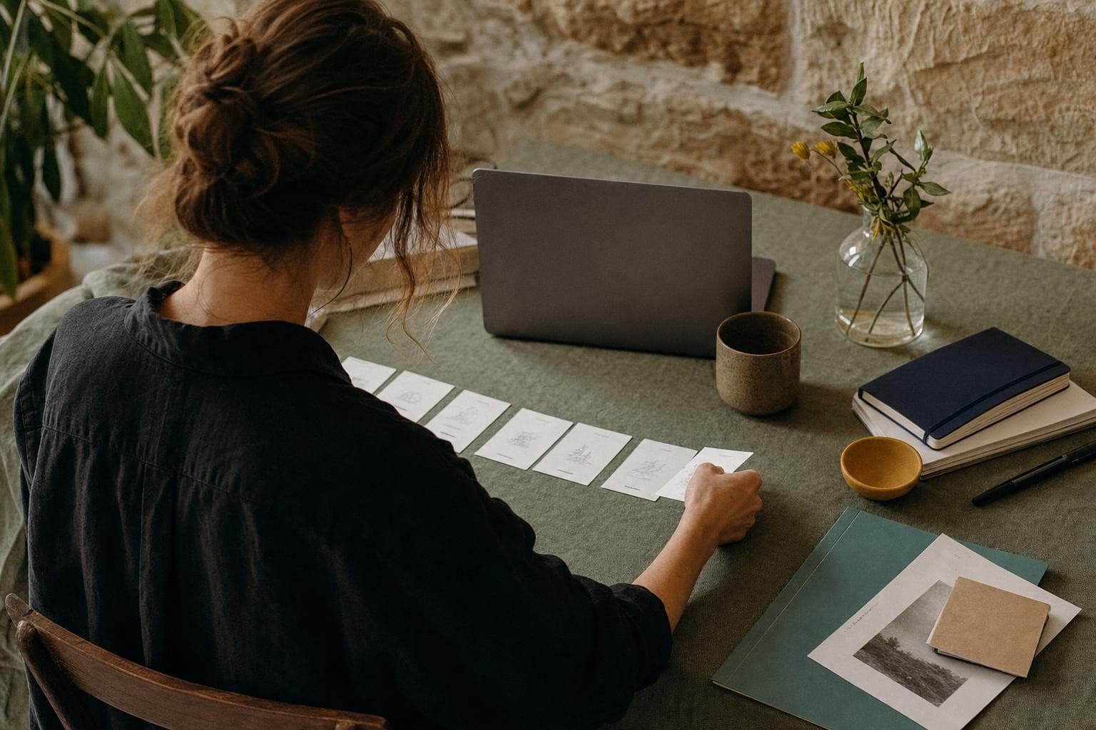 A founder arranging a sequence of work cards at a quiet studio table