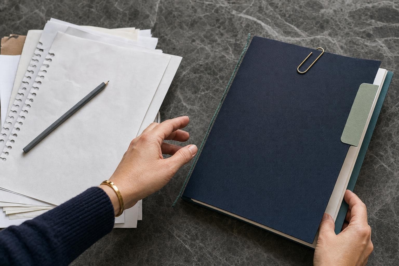 Hands moving from unfinished papers toward a navy operating notebook