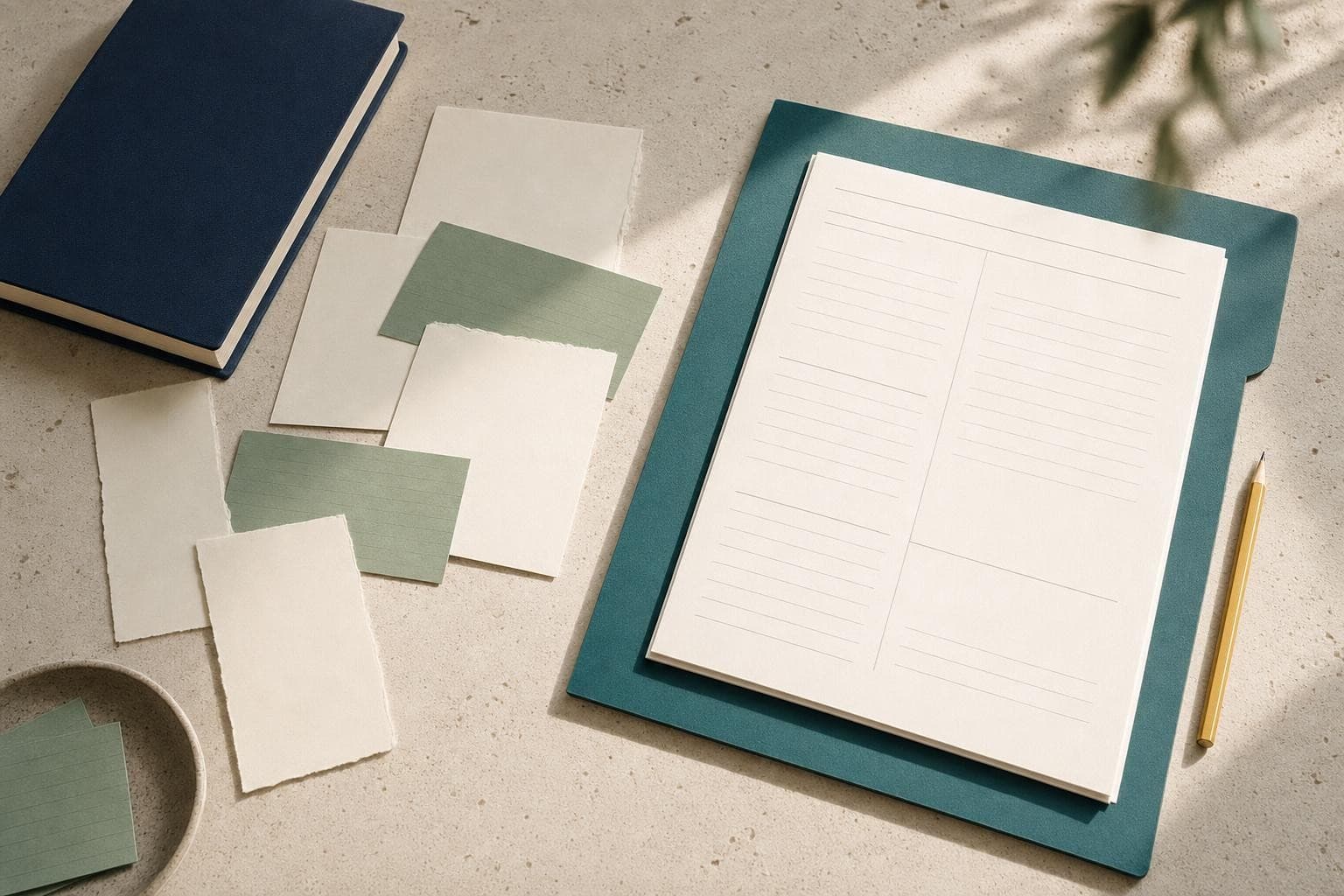 A clear operating plan arranged beside scattered notes on a stone desk